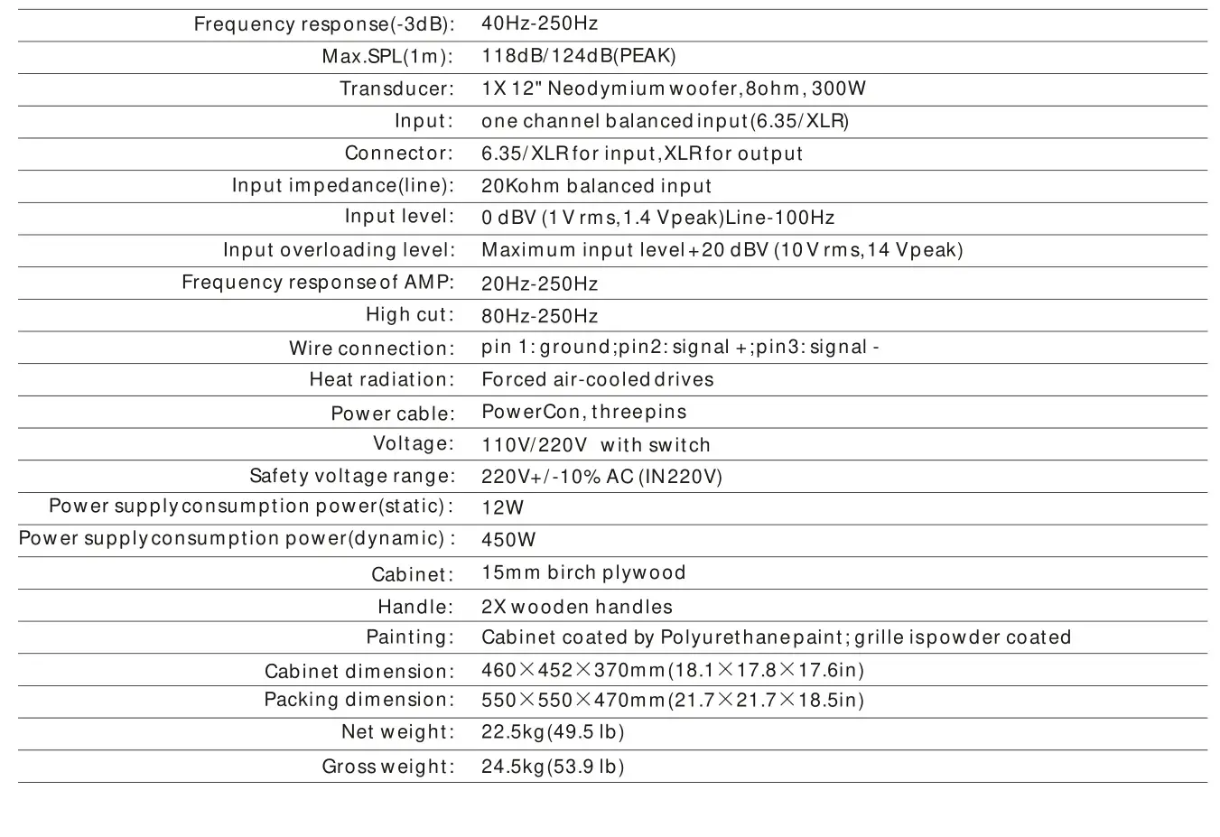 Beta Three MU12Ba 12 Inch Subwoofer MU Series Pro Loudspeaker System - Specification