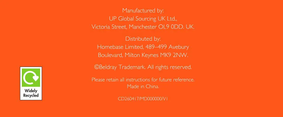 Beldray Vigo Inset Fire - Manufacturing Info