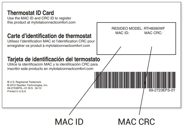resideo RTH8500WF Wi-Fi Touchscreen - MAC ID