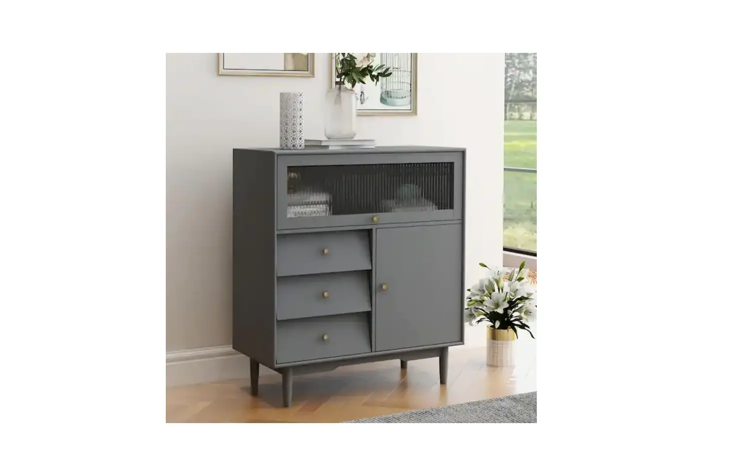 Godeer W282s00083lxl Gray Living Room Four Drawers And One Door With Glass Storage Cabinet Instruction Manual