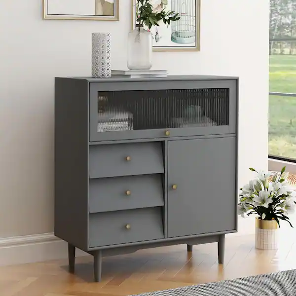 GODEER W282S00083LXL Gray Living Room Four Drawers and One Door with Glass Storage Cabinet