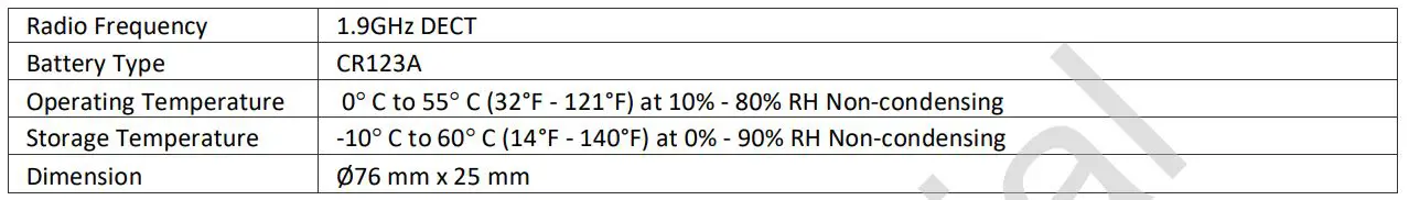 SERCOMM SSW5R0-29 DECT Water Detector - Specification