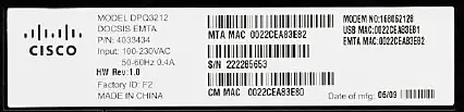 image of MAC address label on DPQ3212 modem