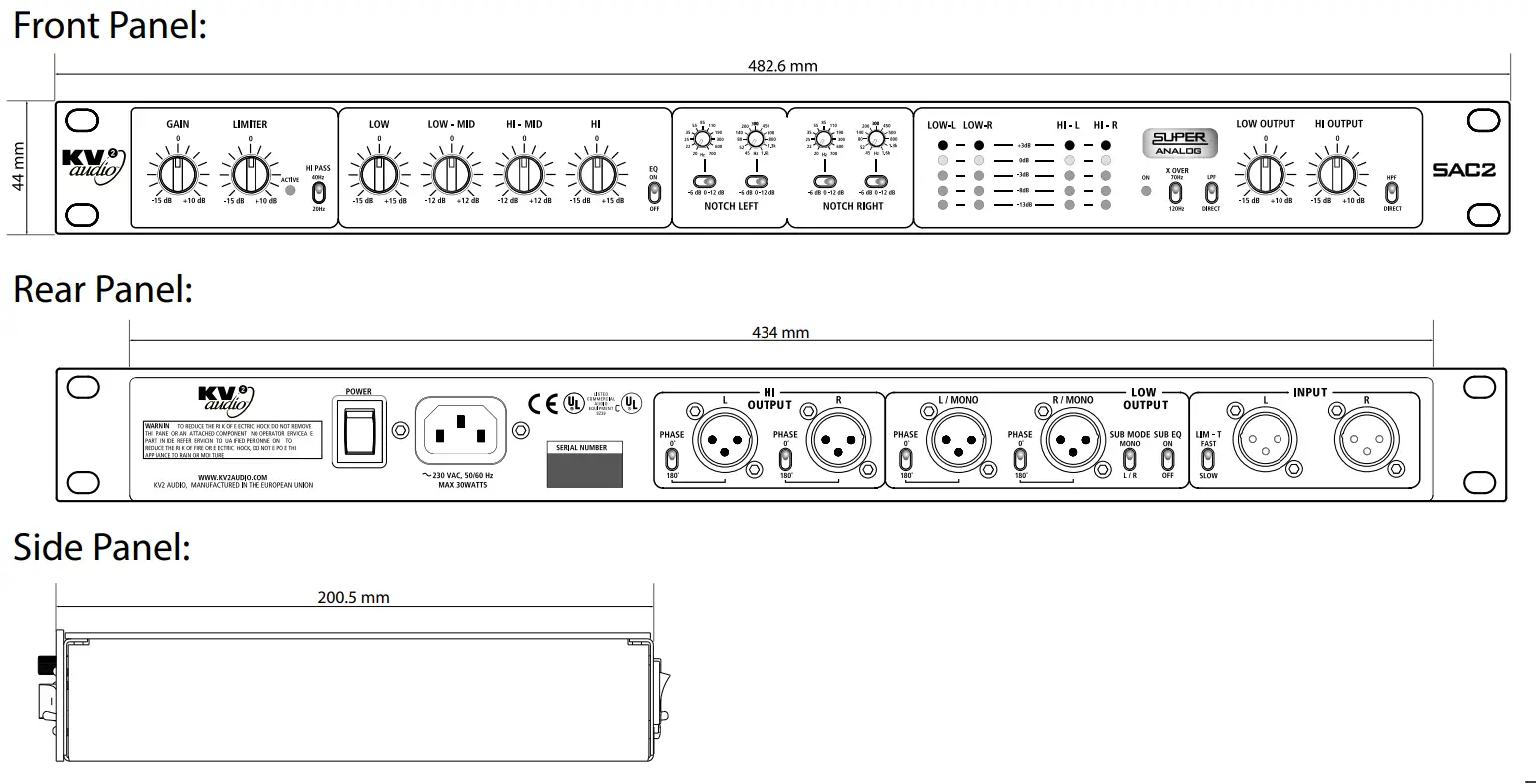 KV2 audio SAC2 2 Channel Super Analog Controller - Dimensions
