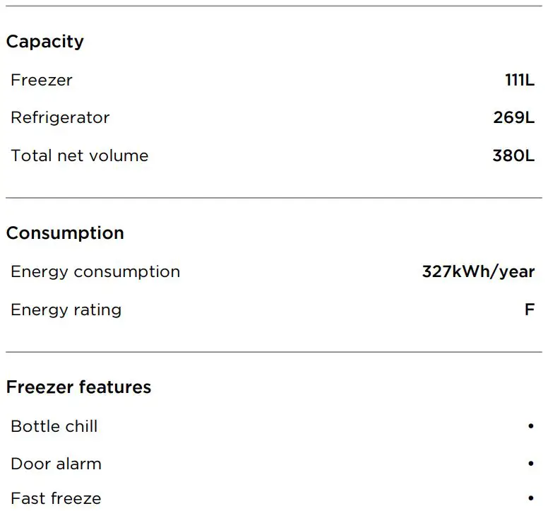 FISHER PAYKEL RF402BLPX7 Freestanding Refrigerator Freezer, 63.5cm, 380L User Guide - SPECIFICATIONS