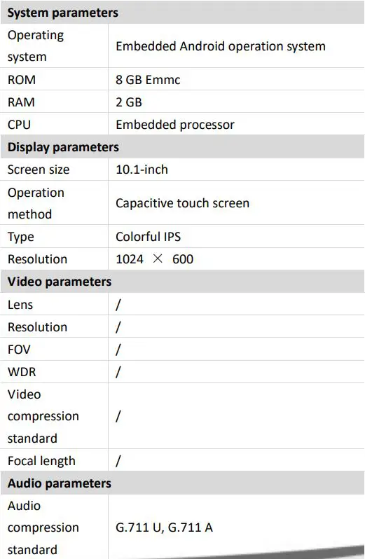 HIKVISION DS-KH9510-WTE1 Video Intercom Network Indoor Station Owner's Manual - Specification
