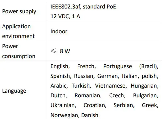 HIKVISION DS-KH9510-WTE1 Video Intercom Network Indoor Station Owner's Manual - Specification