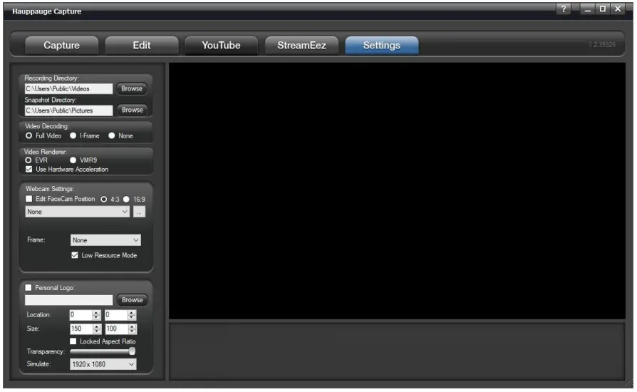 Hauppauge Capture Application - Settings Tab