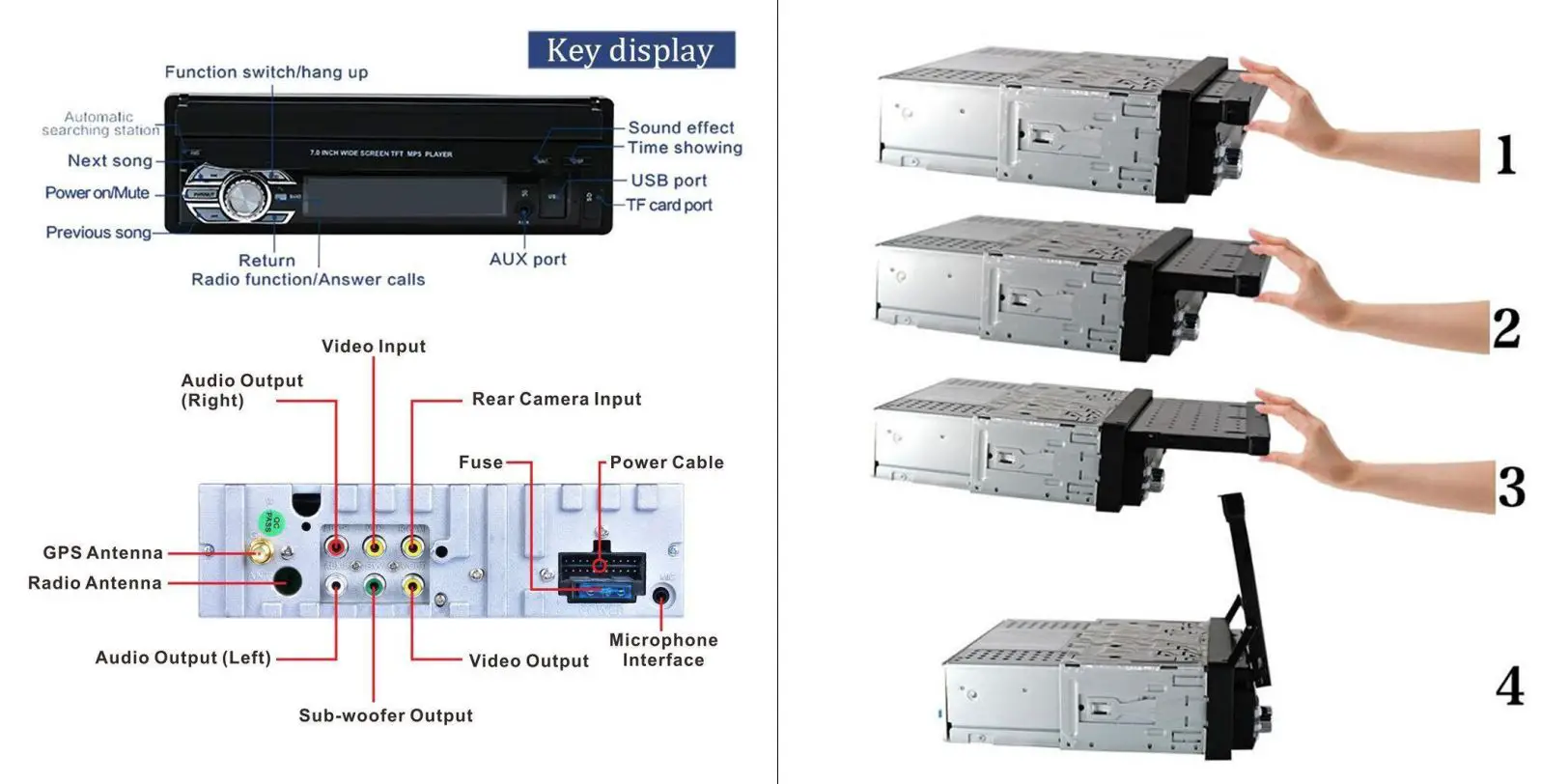 UNITOPSCI 9601 MP5 and FM Receiver 7.0Inch TFT LCD Instruction Manual - Key Display