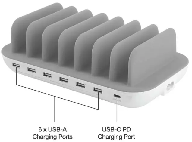 Comsol 7 port USB charging station with USB-C PD - Product Diagram