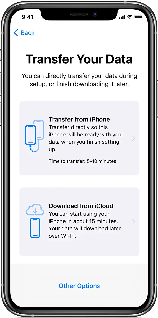 iPhone showing a screen that asks you to select whether you want to transfer data from your current iPhone or from an iCloud backup.