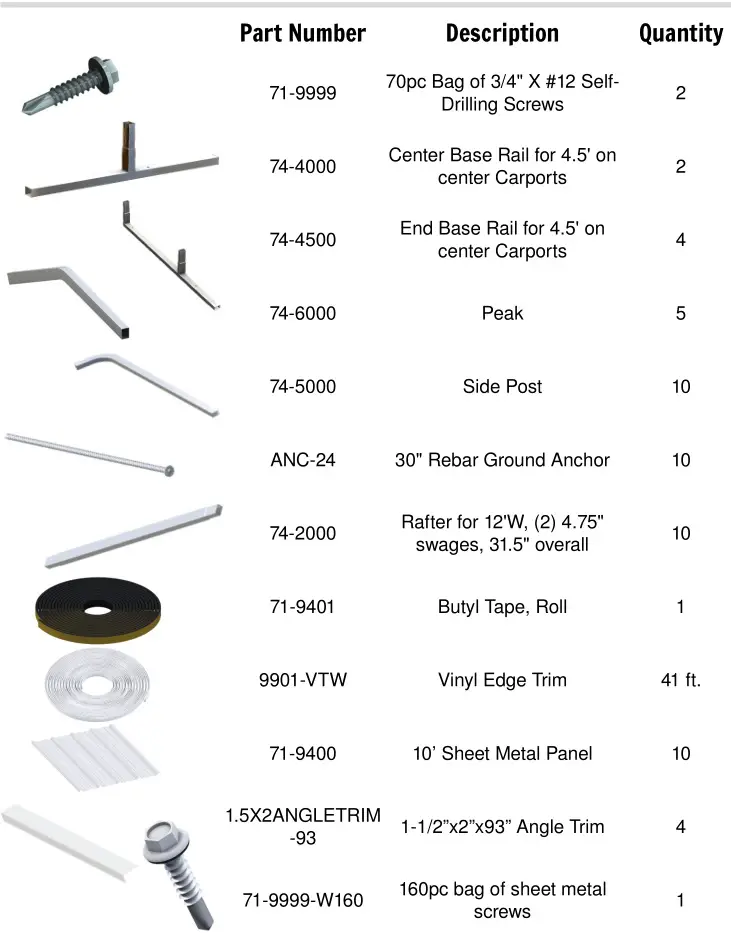 VersaTube Classic Carport - Parts List
