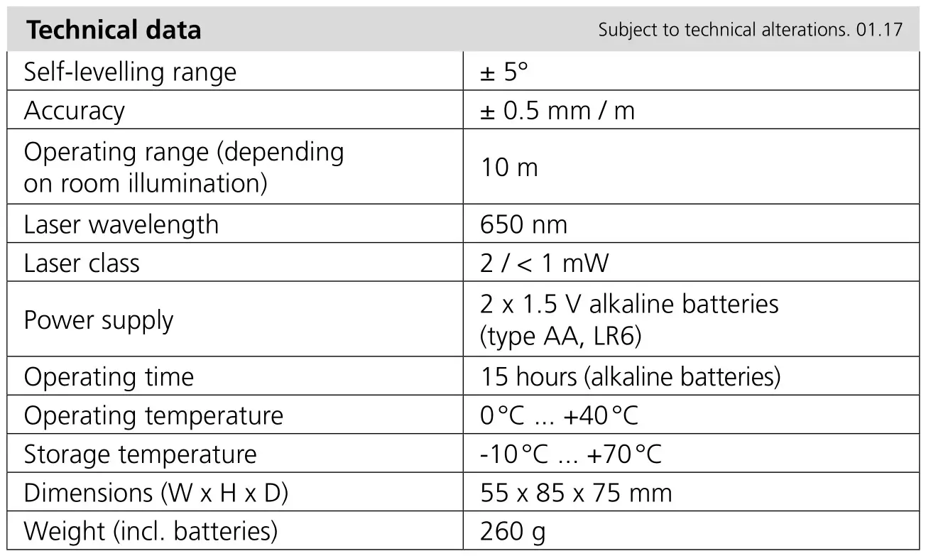 Laserliner 081.115A SmartCross Laser - Technical data