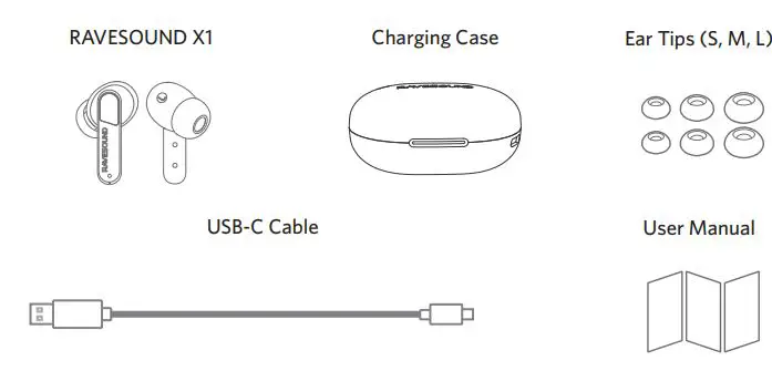 Shenzhenshi Youer Keji Youxiangongsi RAVESOUND X1 True Wireless Earbuds User Manual - What’s in the Box
