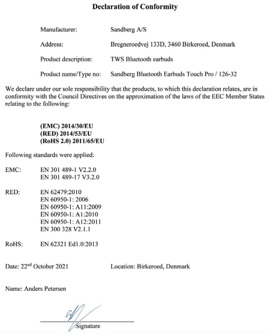 CE letter of conformity