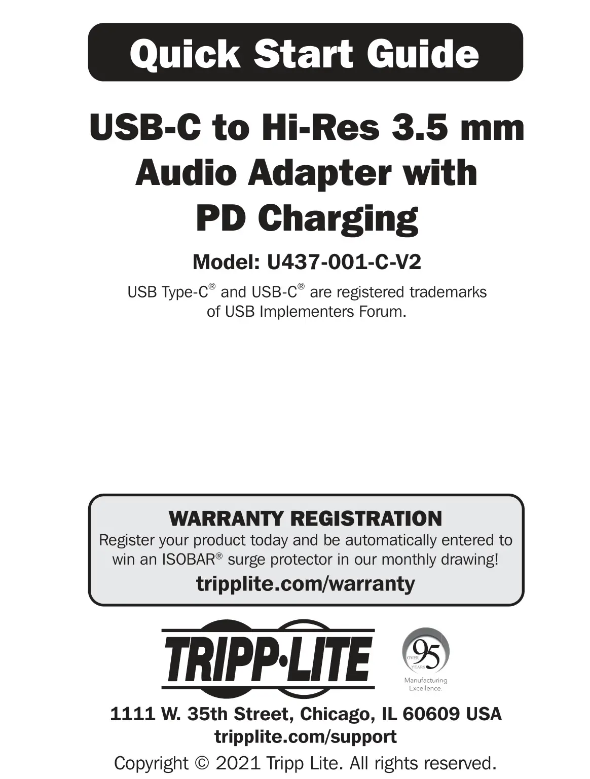TRIPP-LITE U437-001-C-V2 USB-C to Hi-Res 3.5 mm Audio Adapter with PD Charging Owner's Manual