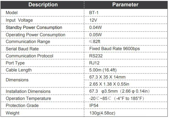 RENOGY Bt-1 Bluetooth ModuleBt-1 Bluetooth Module - Technical Specifications