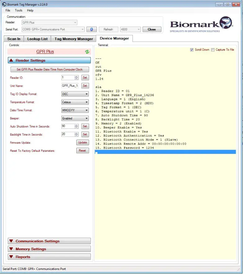 Biomark GPR PLUS Global Pocket Reader - READER SETTINGS IN TAG MANAGER