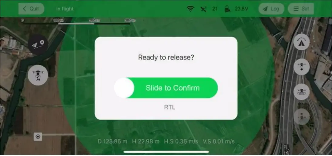 When SharkX reaches the mission spot, a prompt (1 st chart below) shows on the interface. Slide to confirm or tap RTL, the fishing line will be released; or if no operation occurs within 30 seconds, the prompt will disappear, the drone will cast the fishing line and automatically return to the HOME point and then land on the ground.