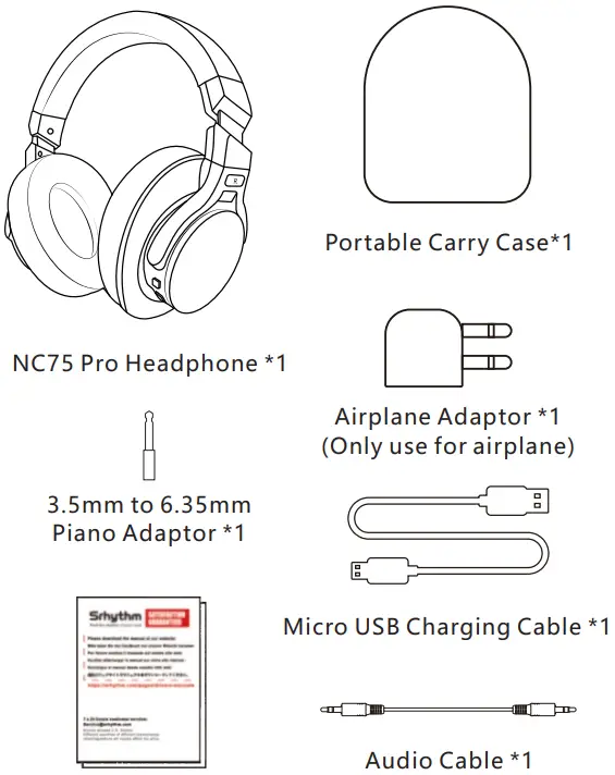 Srhythm NC75 Pro Noise Cancelling Headphones - What's in the Box