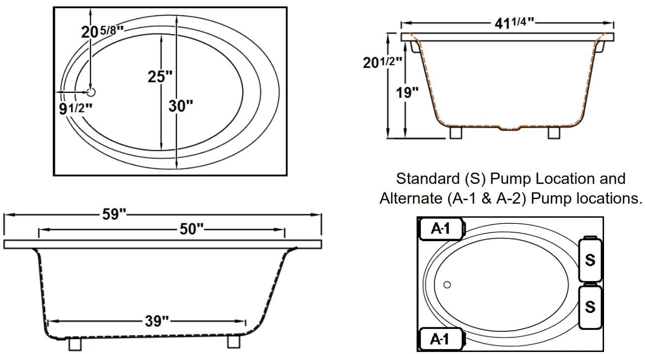 Laurel Mountain EVERSON 1 60 Inch x 42 Inch Drop In Acrylic Combo Bath - dimensions