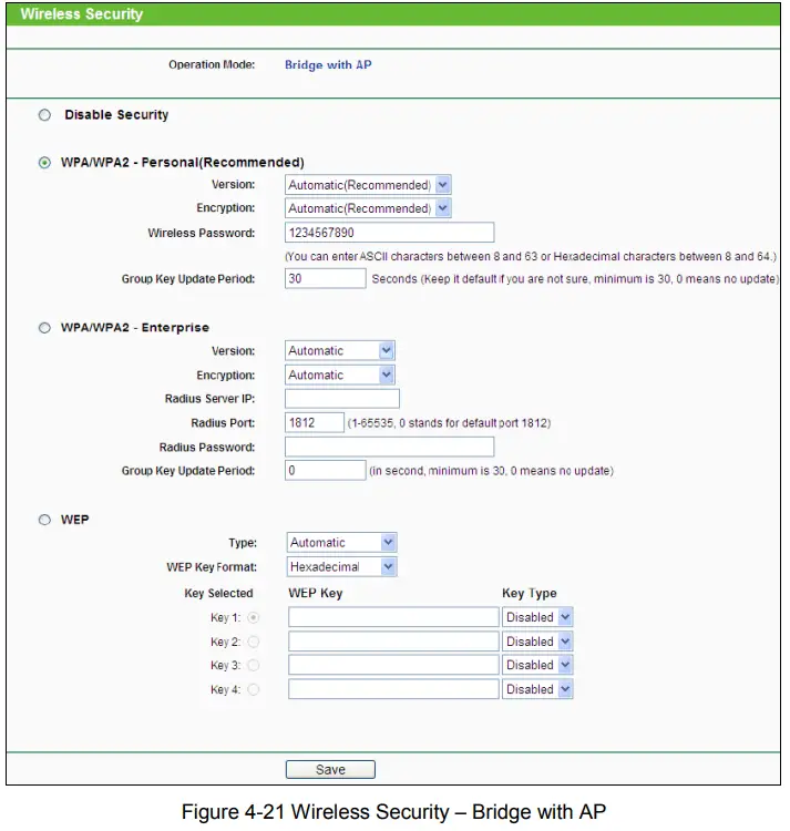 tp-link TL-WA901ND 300Mbps Wireless N Access Point - Figure 4-21 Wireless Security – Bridge with AP