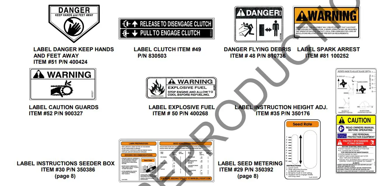 BILLY GOAT Overseeder Power Rake Owner’s Manual - INSTRUCTION LABELS
