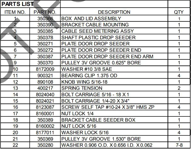 BILLY GOAT Overseeder Power Rake Owner’s Manual - PARTS LIST