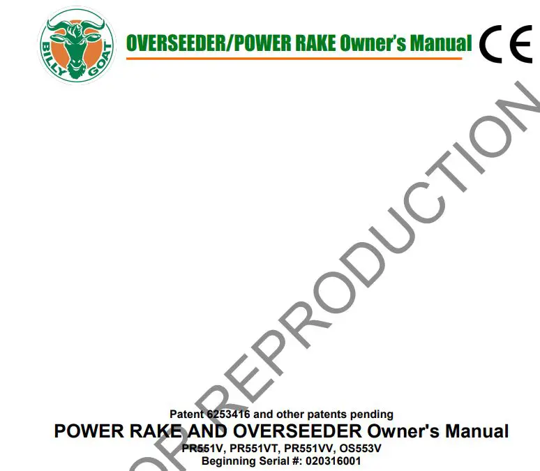 BILLY GOAT Overseeder Power Rake Owner’s Manual
