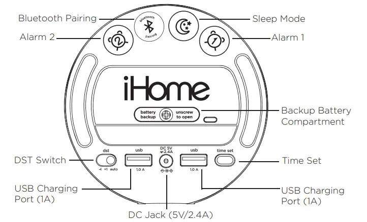 iHOME iBT235 POWERCLOCK Bluetooth Speaker + Two USB Charging Ports - FUNCTIONS3