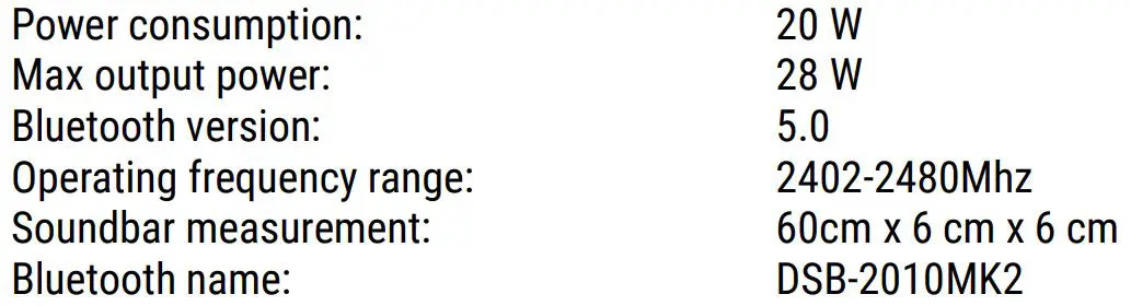 DENVER DSB-2010MK2 Soundbar User Manual- Technical Specifications
