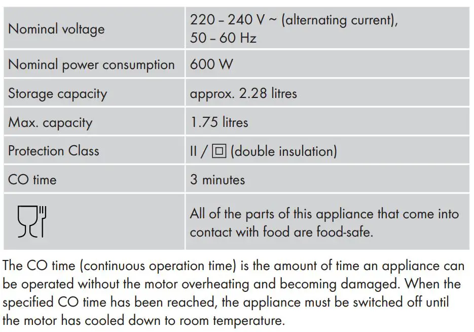 SILVERCREST SSTME 600 B1 Stand Mixer Blender Instruction Manual - Technical data