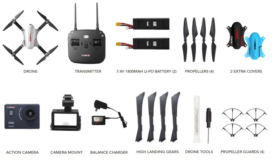 USA Toyz F100 Ghost Brushless Drone with Action Camera - BOX CONTENTS