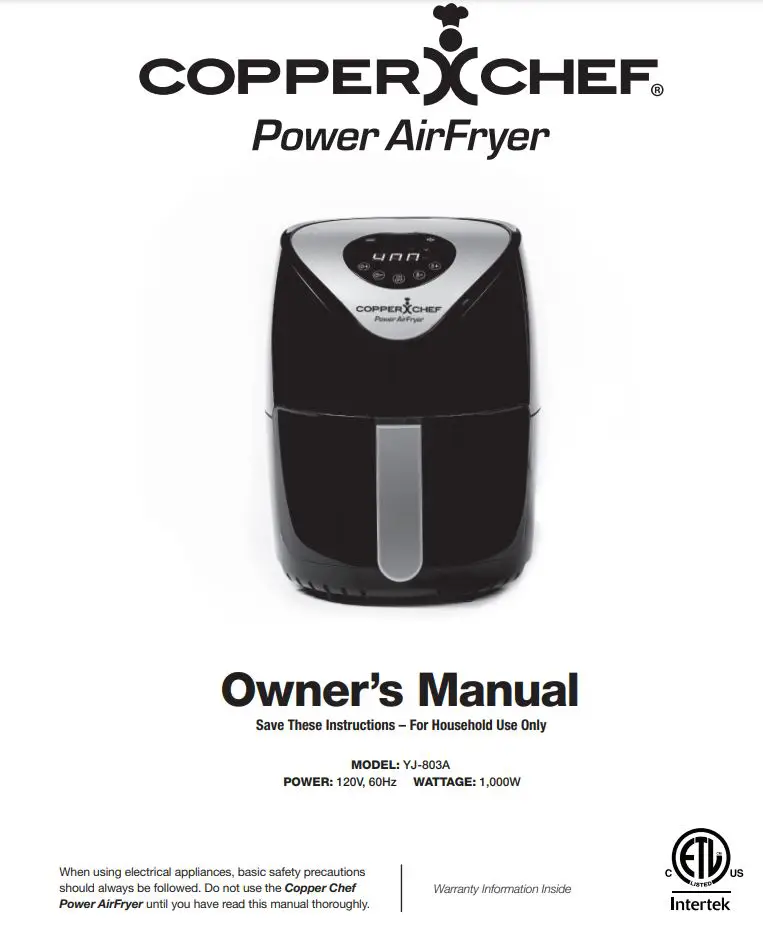 Intertek YJ-803A Power AirFryer Owner’s Manual