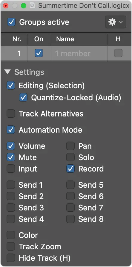 Groups inspector window with Settings options open
