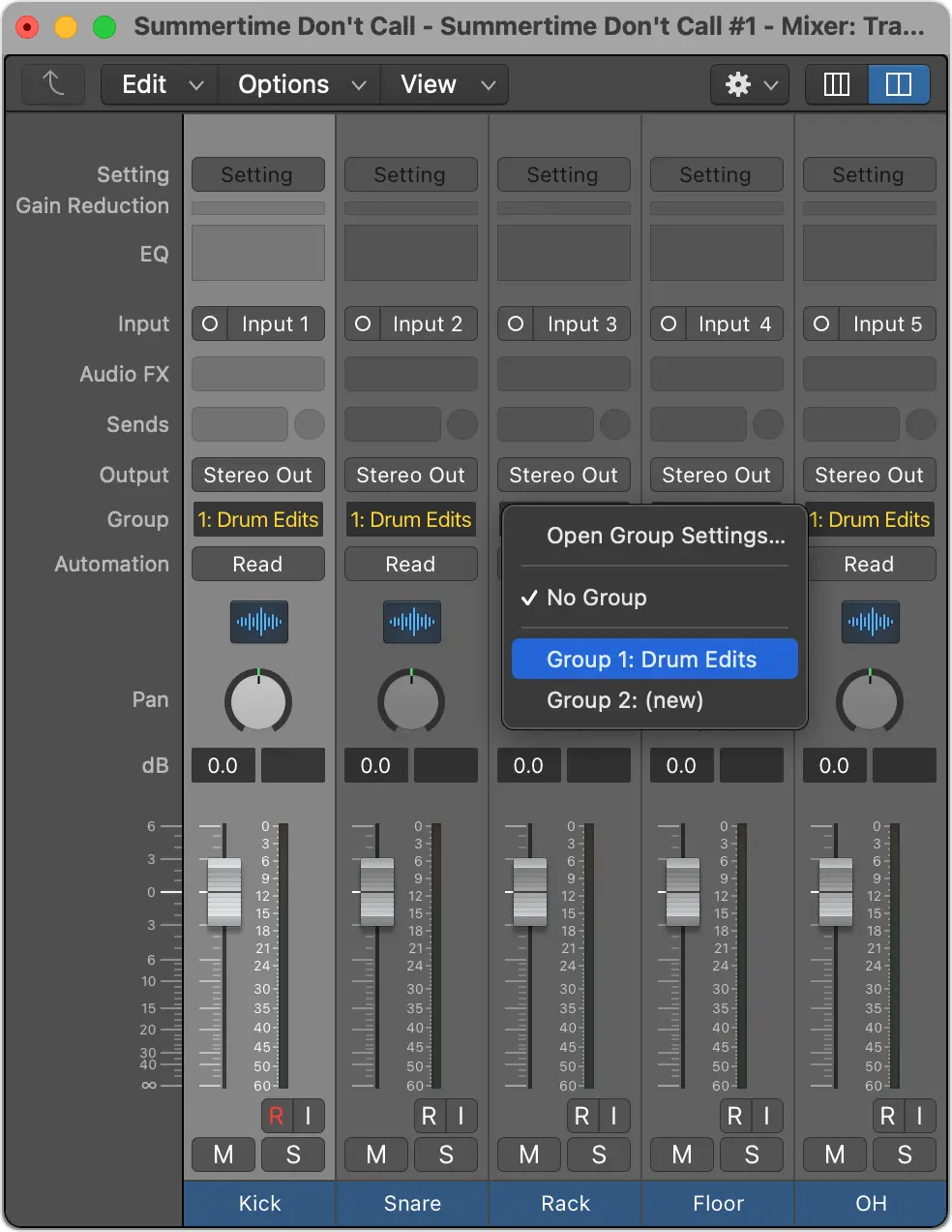 Mixer window with Group slot menu open