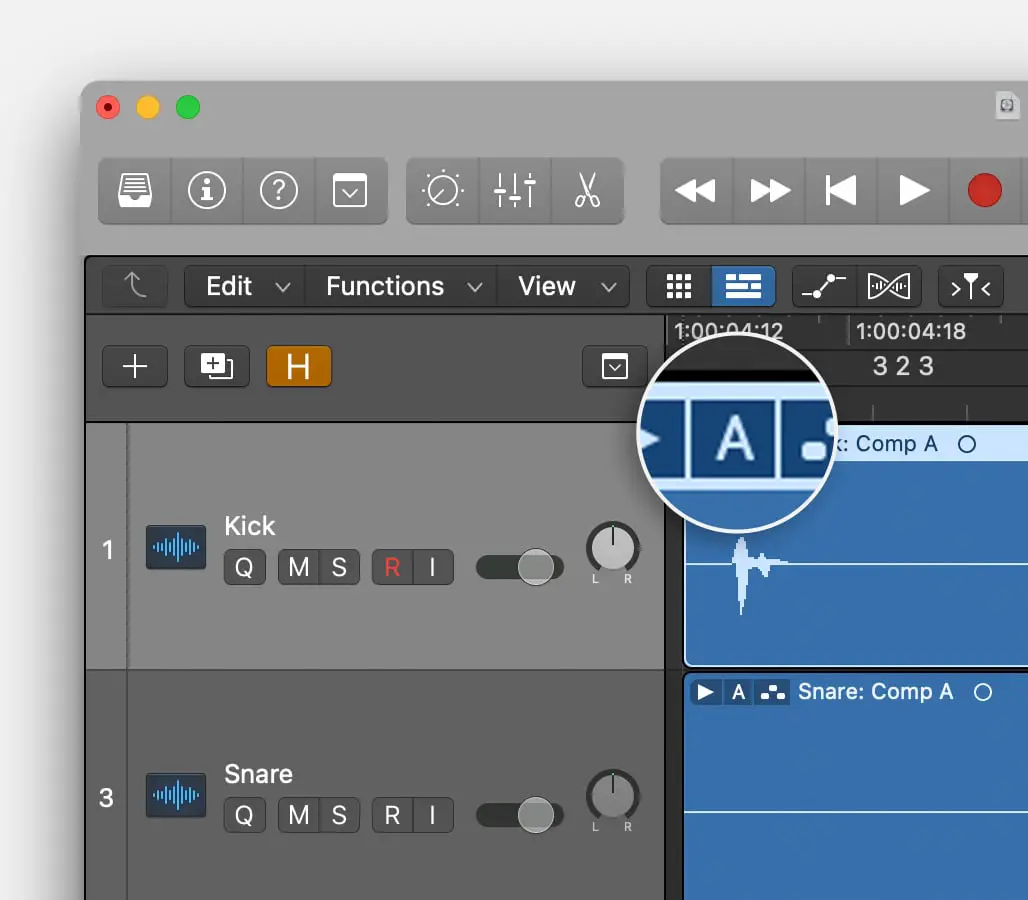 Logic Pro window with track selected and Take Folder menu button enlarged
