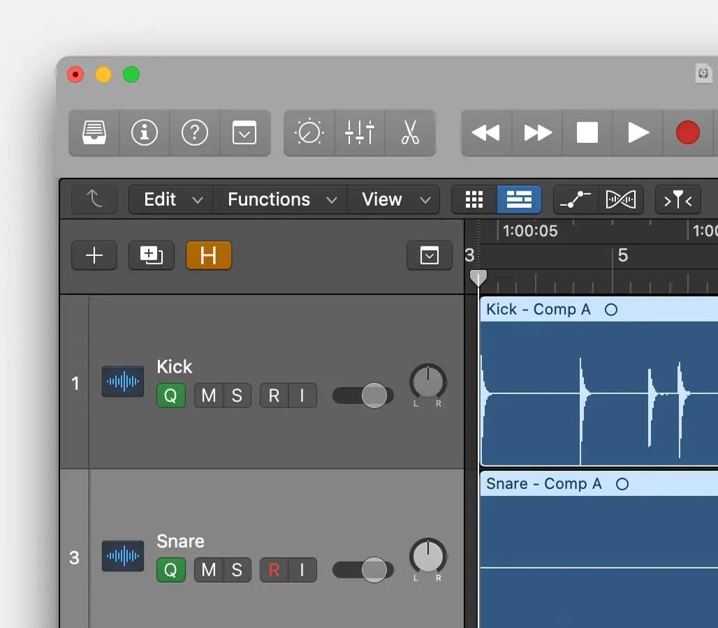 Logic Pro window track with Q-Reference button active