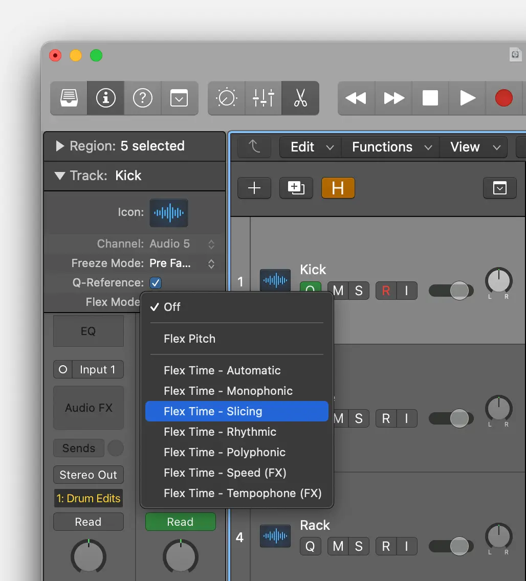 Logic Pro window with Flex Mode menu open