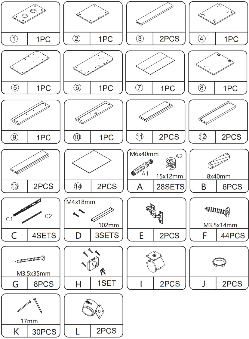 JAXPETY MR11Y0180 Barber Stations Storage Cabinet with Drawer - Hardware List