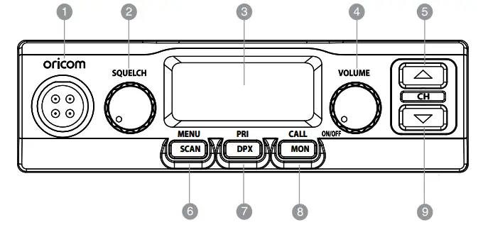 oricom UHF028 80 Channel UHF Radio - Controls and Indicators