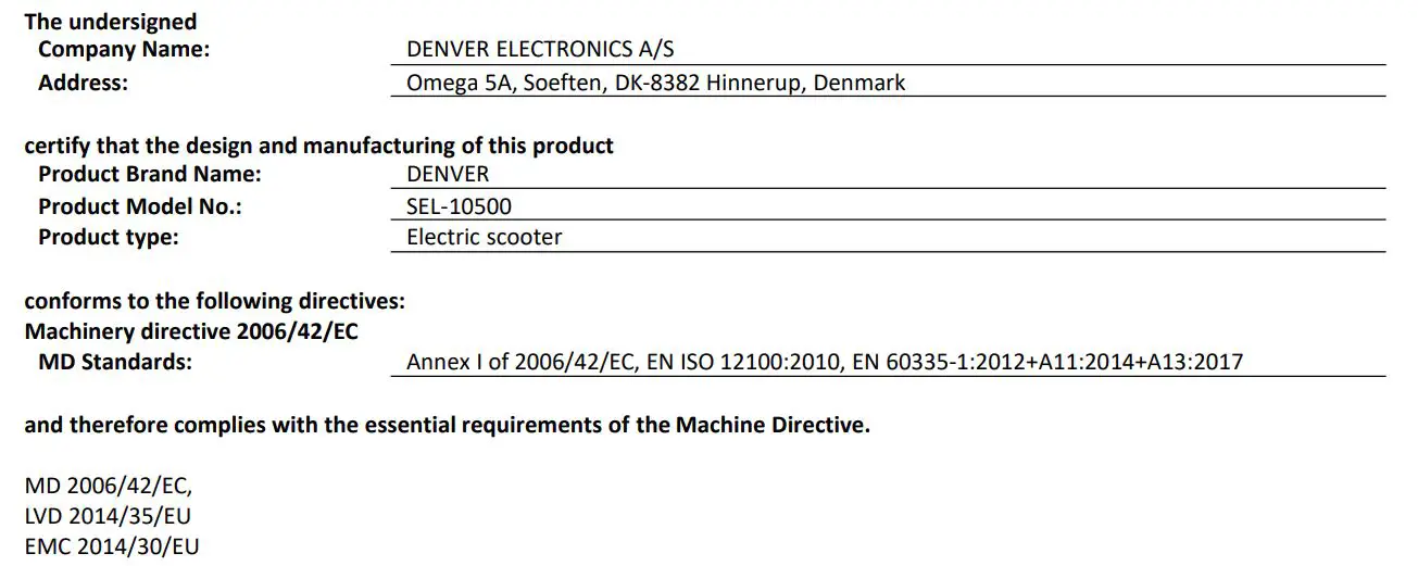 DENVER Electric Scooter - EC Declaration of Conformity