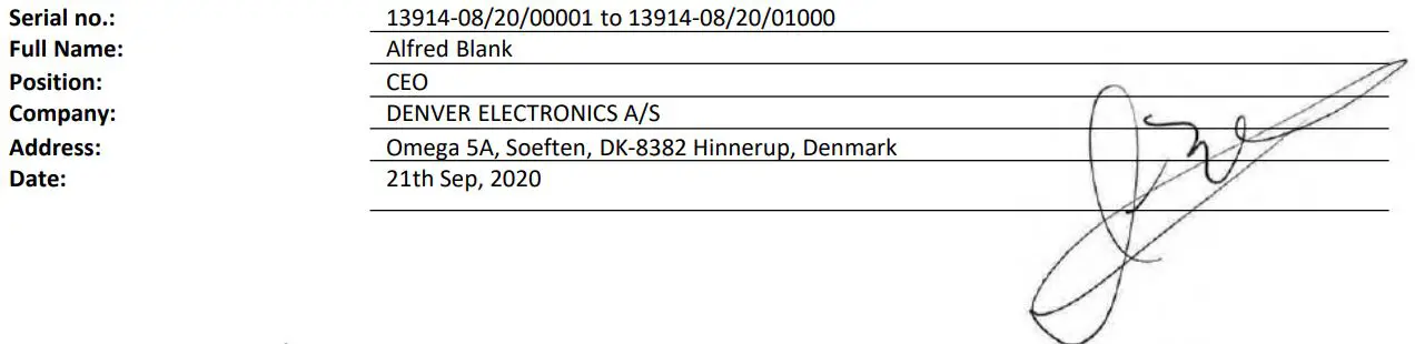 DENVER Electric Scooter - Name and address of the person authorized to sign
