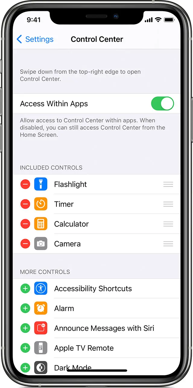 iPhone showing Control Center settings screen
