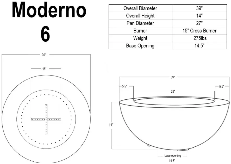 Moderno Series Fire Bowl Dimensions