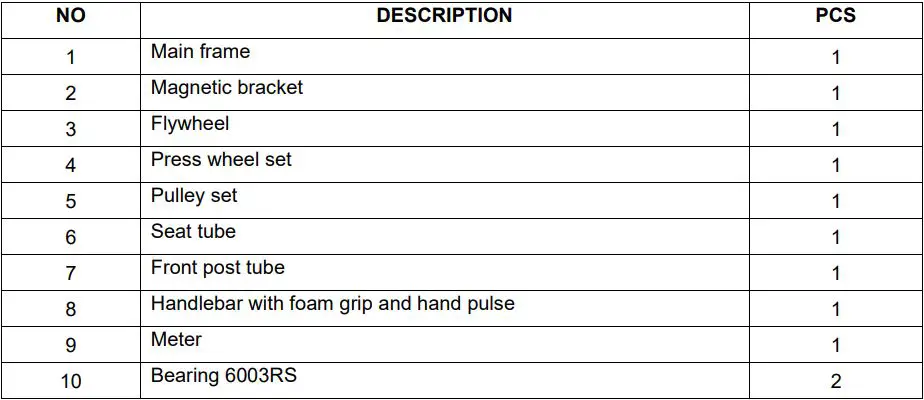 inSPORTline 5729 Exercise Bike Xbike User Manual - PARTS LIST