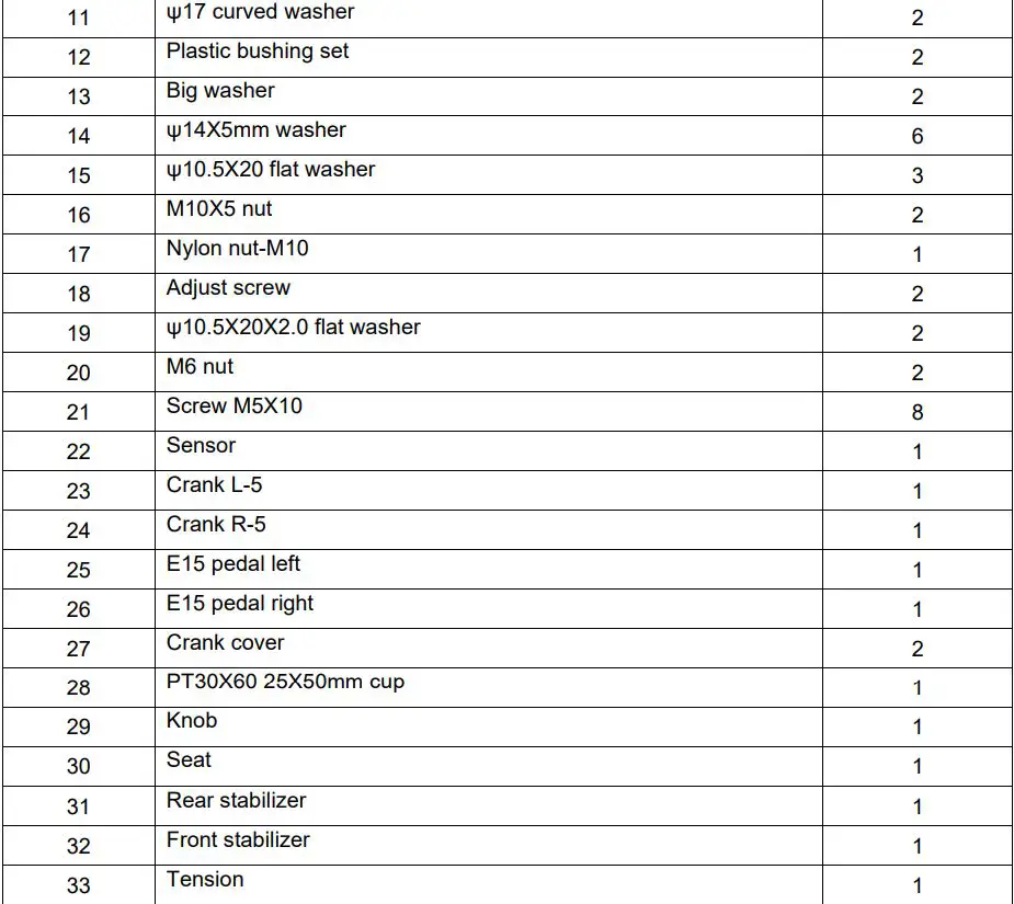 inSPORTline 5729 Exercise Bike Xbike User Manual - PARTS LIST