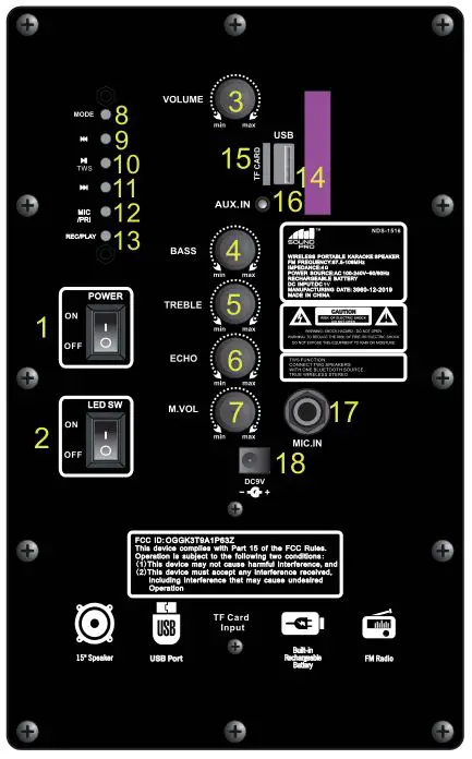 naxa NDS-1516 15-Inch Portable Speaker with Bluetooth and TWS - BACK PANEL
