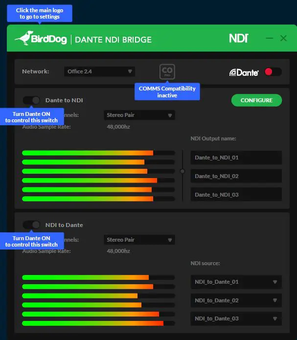 BirdDog Dante NDI Bridge Windows 10 Application 2