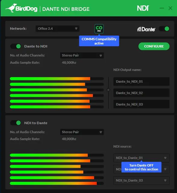 BirdDog Dante NDI Bridge Windows 10 Application 3